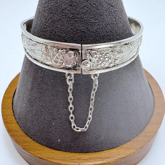 Antique Sterling Silver 925 Rose Flower Design Hinged Bangle Bracelet Size L - Picture 1 of 10